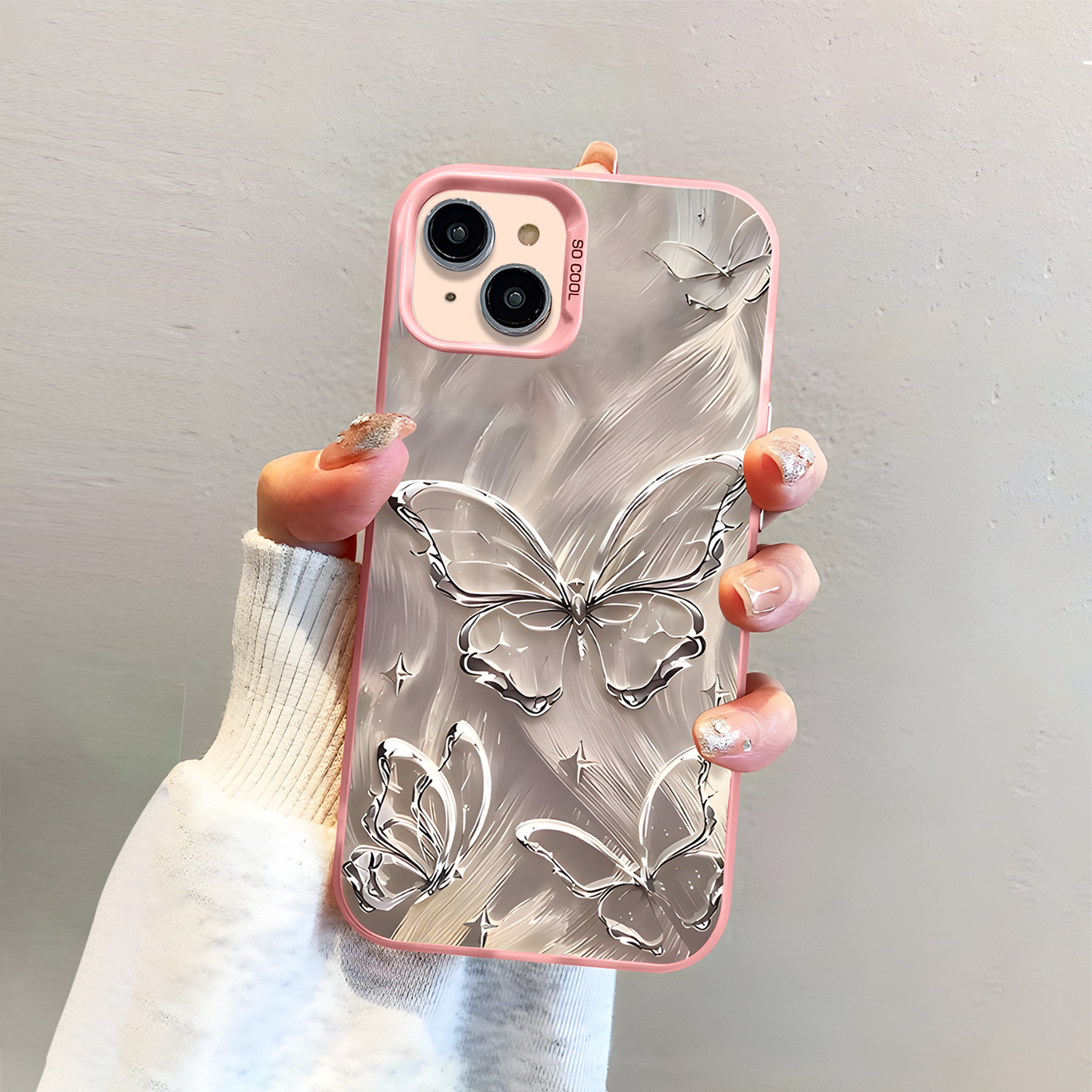 iPhone 15 Silver Butterfly Printed Case